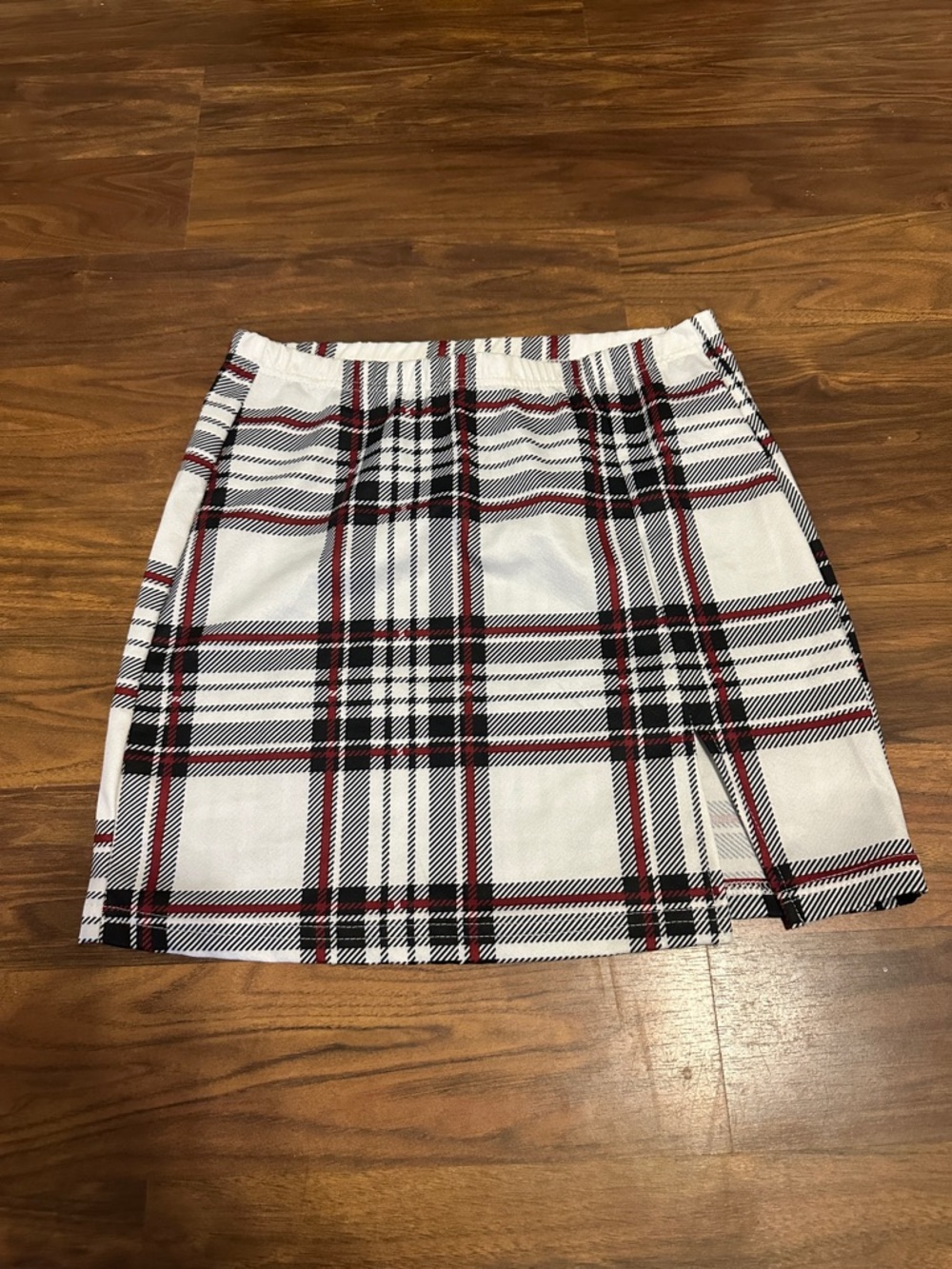 SHEIN White Plaid Mini Skirt with Black & Red Stripes